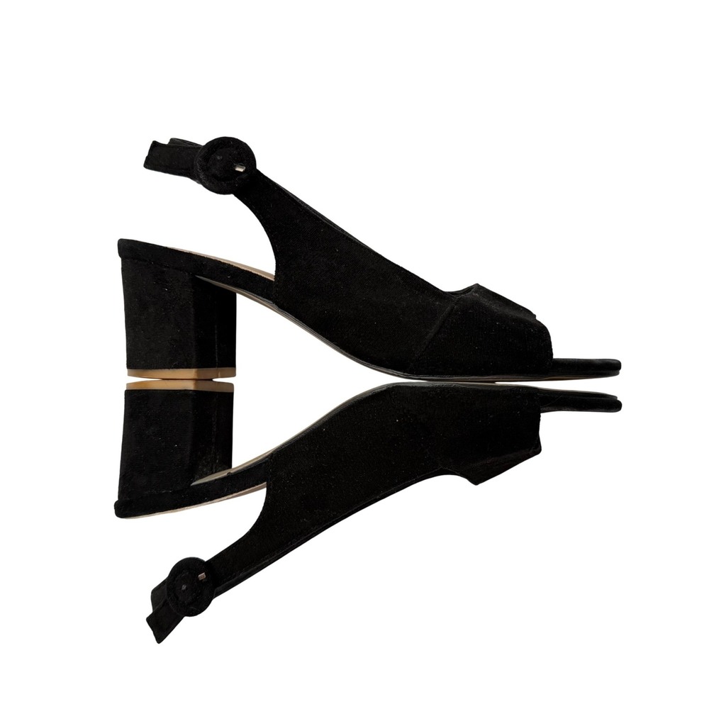Black Faux Suede Slingback Sandals Block Heel Peep Toe Quiet Luxury EU 39 9